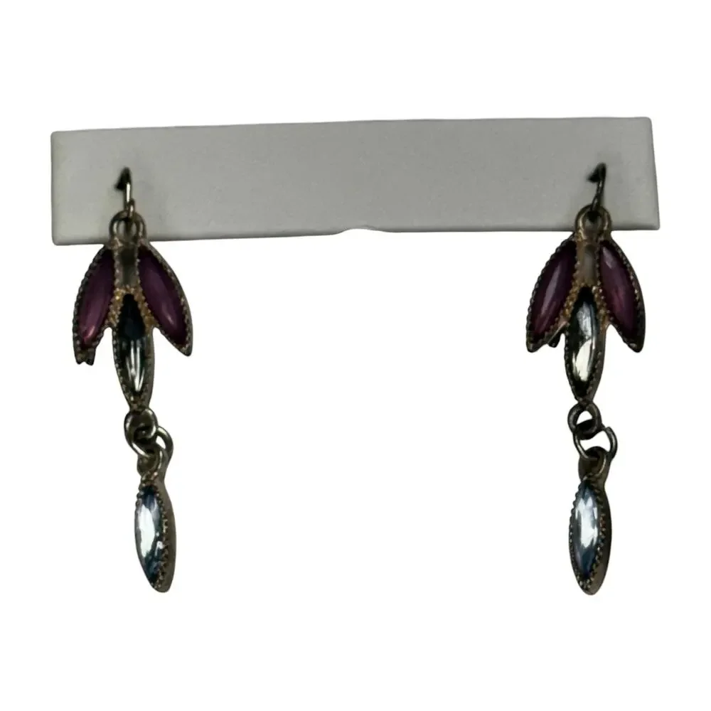 Antiqued Silver Drop Earrings Purple Blue Marquise Rhinestone Dangle - Picture 4 of 6